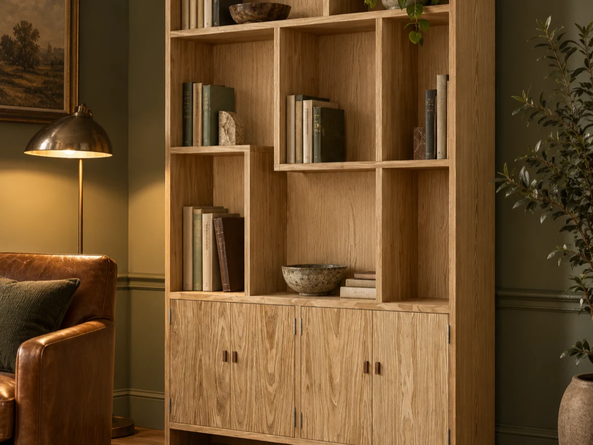 White Oak Asymmetric Bookcase with Cabinet Doors | Woodworking Design, picture 2 of 5