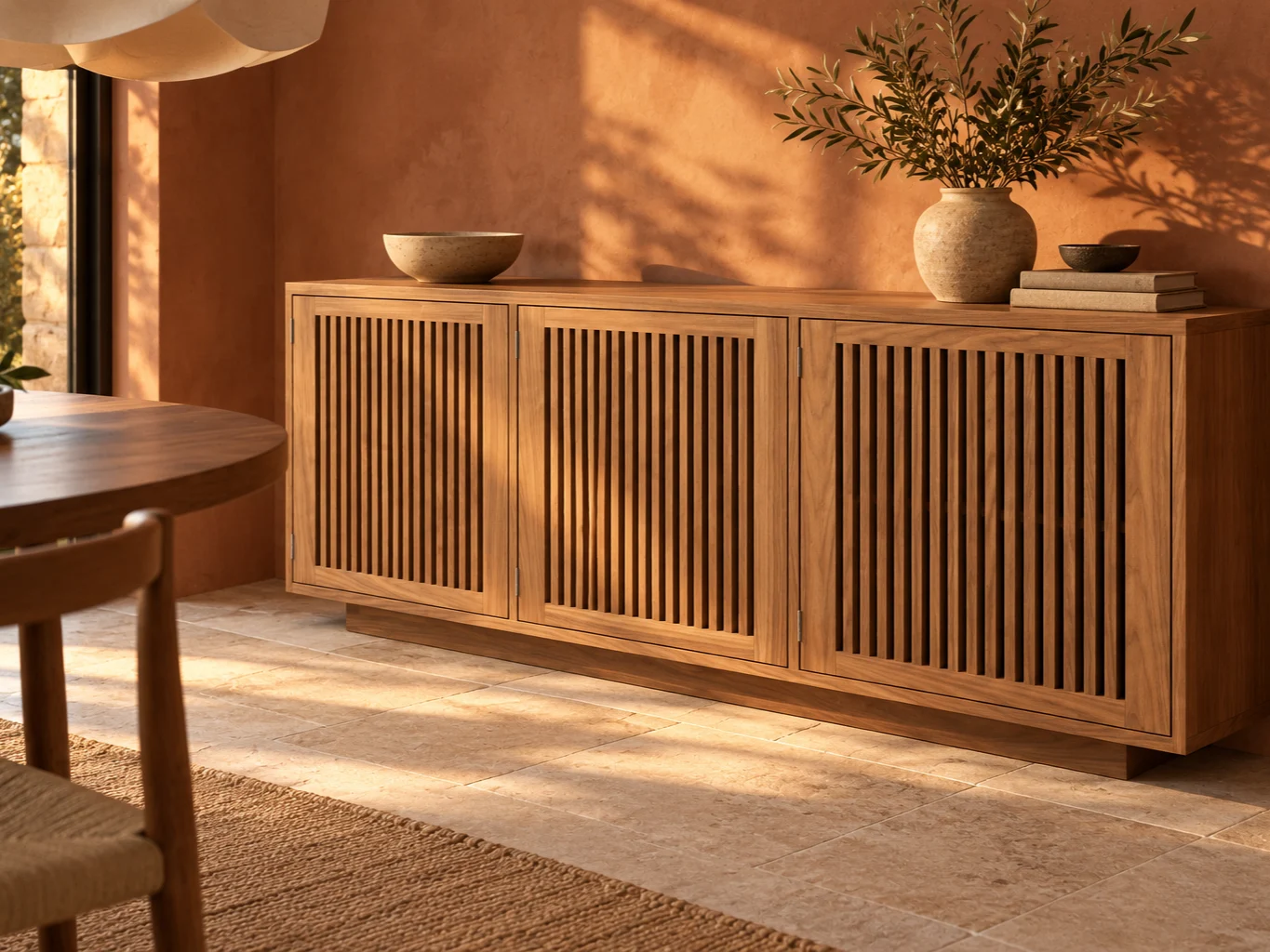 Walnut Slatted Sideboard: 72-Inch Three-Door Cabinet, picture 2 of 5