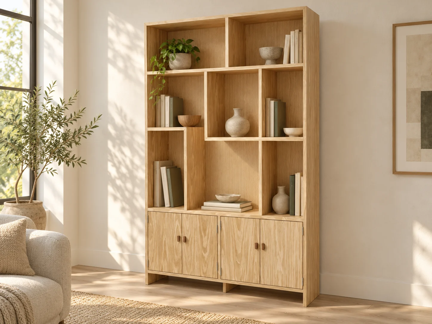 White Oak Asymmetric Bookcase with Cabinet Doors | Woodworking Design, picture 1 of 5