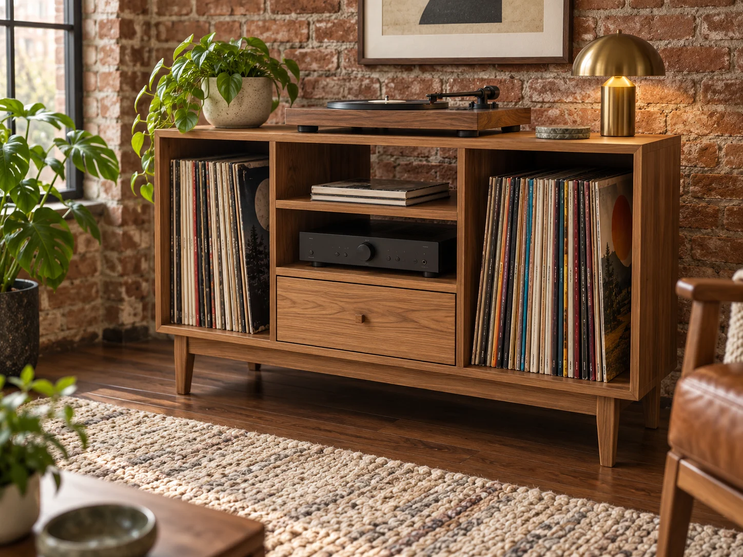 Walnut Record Console: 54-Inch Vinyl Storage Cabinet with Drawer, picture 2 of 5