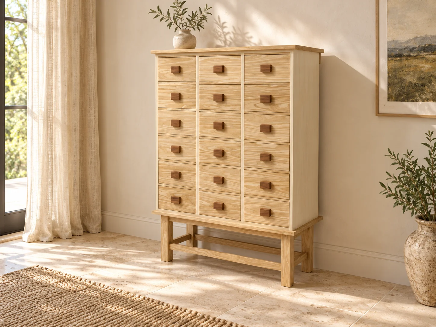 White Oak Apothecary Cabinet with 18 Drawers and Wooden Runners, picture 1 of 5