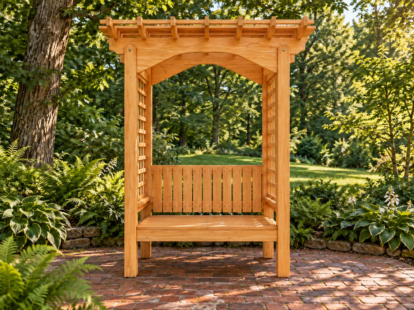 Cedar Garden Arbor Bench with Lattice Sides and Pergola Roof, picture 3 of 5
