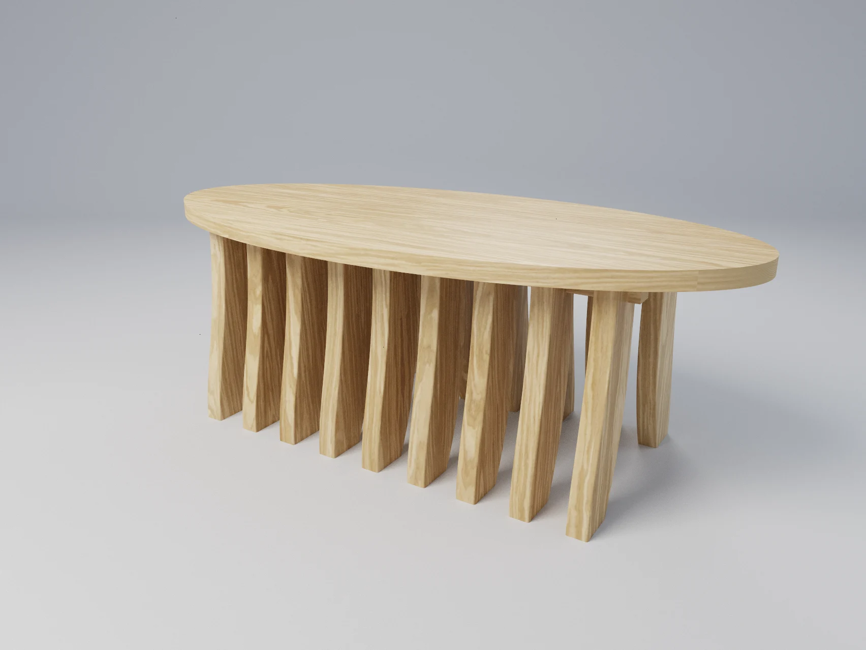 White Oak Sculptural Coffee Table with Oval Top and Curved Ribs, picture 4 of 5