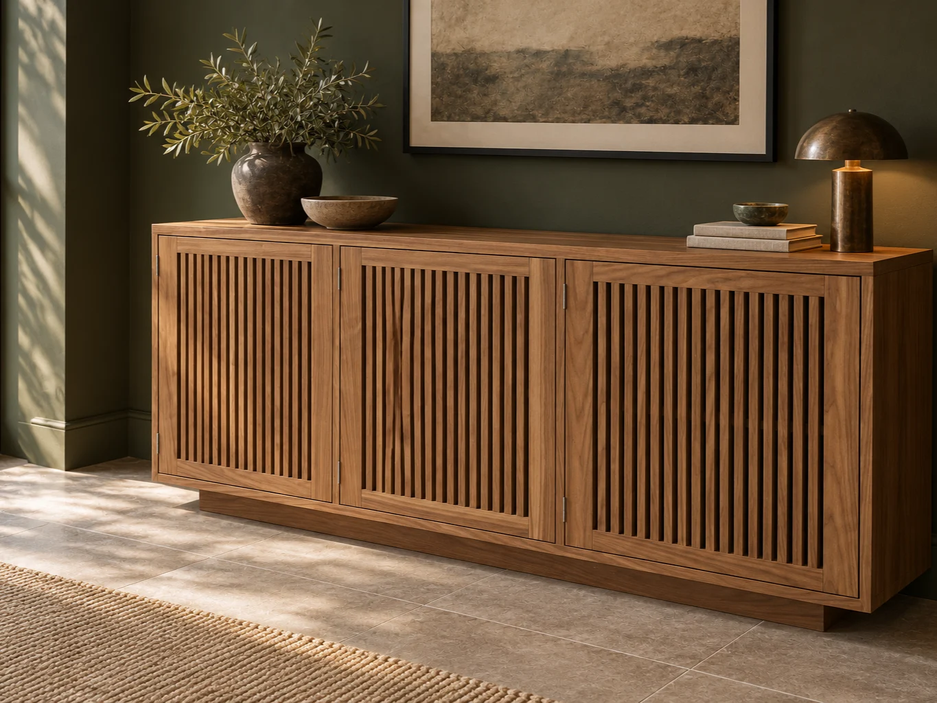 Walnut Slatted Sideboard: 72-Inch Three-Door Cabinet, picture 3 of 5
