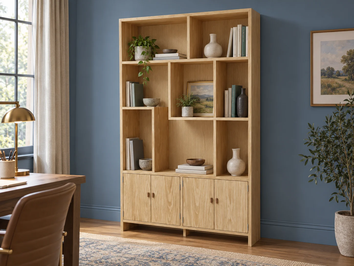 White Oak Asymmetric Bookcase with Cabinet Doors | Woodworking Design, picture 2 of 5