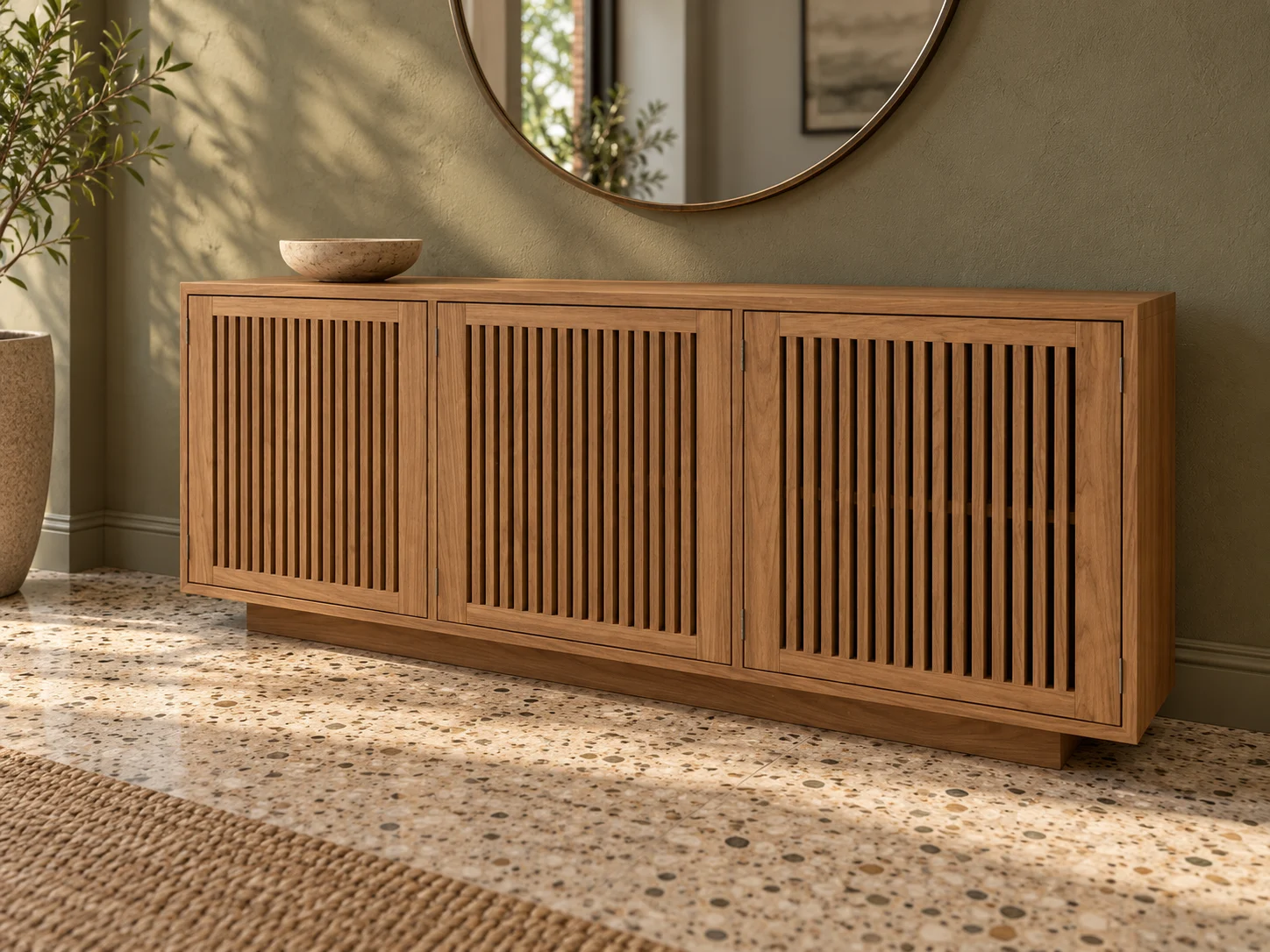 Walnut Slatted Sideboard: 72-Inch Three-Door Cabinet, picture 2 of 5